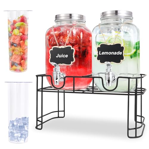 1 Gallon Glass Drink Dispensers For Parties-Set of 2,Drink Dispenser with Stand,Spigot,Ice Cylinder & Fruit Infuser,Juice or Beverage Dispenser for BBQ, Picnic, Pool Party,Laundry Detergent Dispenser