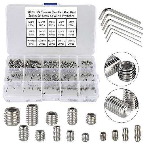 HanTof 340Pcs M2.5, M3, M4, M5, M6, M8 Metric Hex Socket Head Cup Point Set Screws, Allen Head Grub Screw, Internal Hex Drive Headless Set Screw Assortment Kit with 6 Hex Wrenches, 304 Stainless Steel