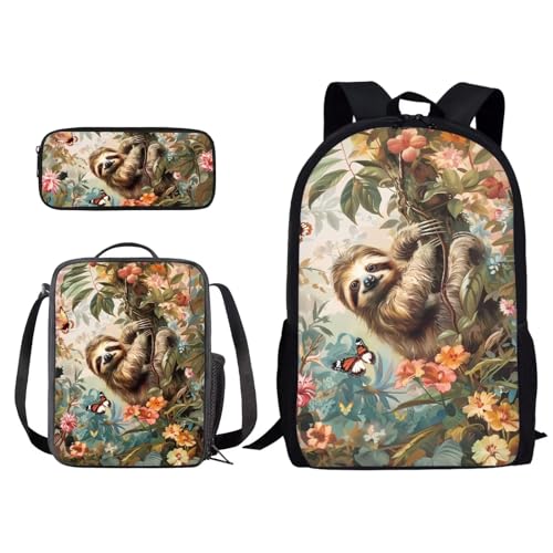 Suobstales Sloth Butterfly Flower Print Backpack for Kids Bookbag with Lunch Box Pencil Case Set Casual Daypack Rucksack Satchel Laptop Bags 3 In 1 School Supplies for Boys Girls