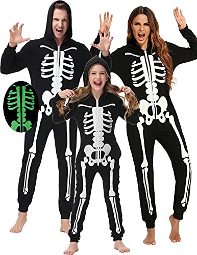 Veseacky Matching Halloween Pajamas for Family Costume Cosply Black Glow-in-the-Dark Sleepy Skeleton Pajamas Jumpsuit Medium