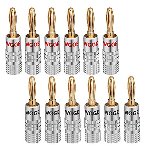 WGGE WG-009 Banana Plugs Audio Jack Connector 6 Pairs / 12 pcs, 24k Gold Dual Screw Lock Speaker Connector for Speaker Wire, Wall Plate, Home Theater, Audio/Video Receiver and Sound Systems