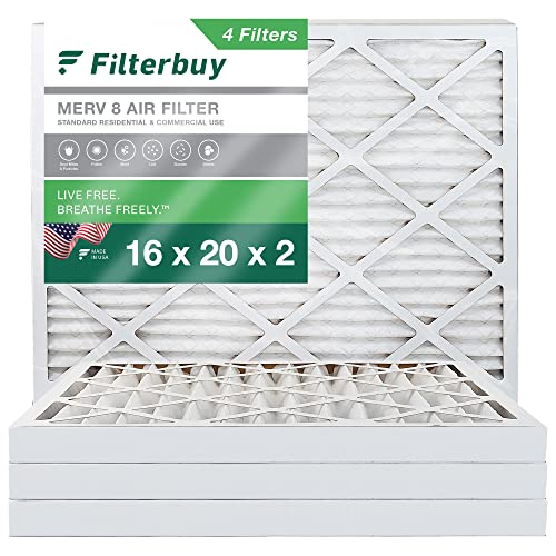 Filterbuy 16x20x2 Air Filter MERV 8 Dust Defense (4-Pack), Pleated HVAC AC Furnace Air Filters Replacement (Actual Size: 15.50 x 19.50 x 1.75 Inches)