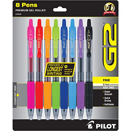 Pilot, G2 Premium Gel Roller Pens, Fine Point 0.7 mm, Assorted Colors, Pack of 8