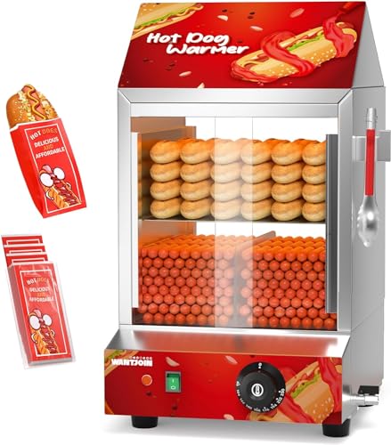 WantJoin Commercial Hot Dog Steamer, 2 Tiers Electric Hot Dog Steamer with Bun Warmer 27 L/24.52 QT, with Visuable Glass Slide Doors and Clip, suit for 175 Hot Dogs and 40 Buns, 1200W