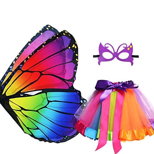 D.Q.Z Kids Fairy Butterfly-Wings Costume for Girls Halloween Butterfly Costumes & Rainbow Tutu Dress Up Party Supplies (Multicolor)