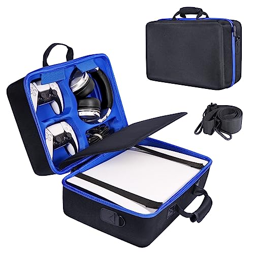 ZORETCO Carrying Case Compatible with PS5,Hard-Shell Travel Bag Holds PlayStation 5 Console,Wireless DualSense Controllers,Base,Games and Accessories (Black Blue)