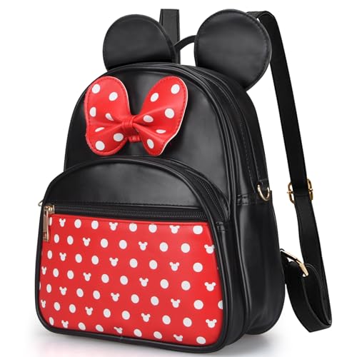 Dksyee Cute Red Backpack for Girl Bowknot Polka Dot Mini Mouse Leather Backpacks for Toddler Little Girl Backpack Kids Small Travel Backpack Convertible Shoulder Bag Purse for Women Children Daypack