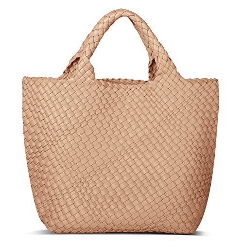 MJUEO Womens Vegan Leather Woven Bag with Purse, Fashion Handmade Beach Tote Bag Top-handle Handbag, Apricot