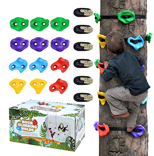 TOPNEW 12 Ninja Tree Climbing Holds for Kids Climber, Adult Climbing Rocks with 6 Ratchet Straps for Outdoor Ninja Warrior Obstacle Course Training