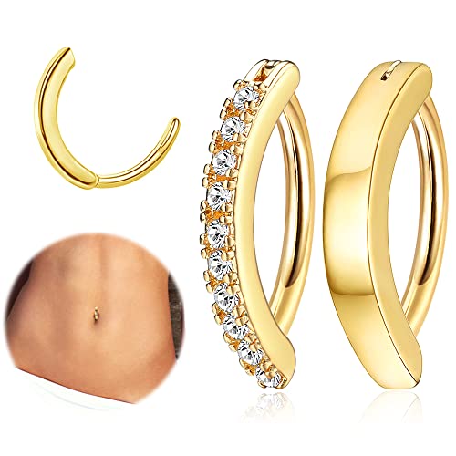 FIASASO 2Pcs 14G Simple Clicker Gold Belly Button Ring for Women Surgical Steel Gold CZ Belly Ring Simple Reverse Navel Rings Body Jewelry Color: gold 10mm
