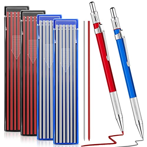 2 Pcs Welders Pencil with 48 PCS Round Refills Mechanical Pencils Metal Welding Marker for Tube Pipe Fitter Welder Steel Construction Woodworking (Red, Silver)