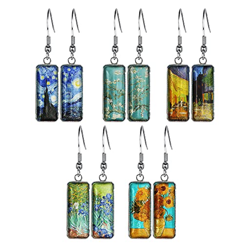 WIRESTER 5 Pairs Glass Rectangle Earrings Drop Dangle Earrings Fashion Jewelry Accessories For Girl Women - Sunflowers, The Starry Night, Irises, Almond Blossom, Cafe Terrace At Night Van Gogh