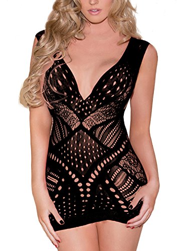 SeaFever Sexy Lingerie for Women Fishnet See Through Bodysuit One Piece V-Neck Mini Dress Intimates Sex Clearance Strapless Mesh Chemise Babydoll (Black)