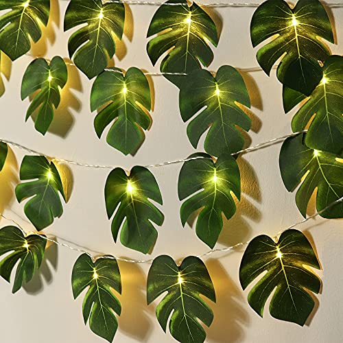 Monstera Leaf String Lights 2 Pack, 20 LED Tropical Artificial Rattan Palm Leaves Wall Hanging Vine Leaf, Summer Decoration for Outdoor Indoor Hawaiian Luau Party Jungle Beach Theme Party Decorations