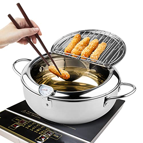 Kerilyn Deep Fryer Pot, 11 Inch/4.2 L Janpanese Style Tempura Frying Pot with Lid, 304 Stainless Steel with Temperature Control and Oil Drip Drainer Rack, for Kitchen French Fries, Chicken etc