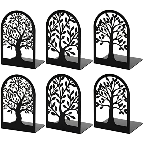 Metal Bookends for Shelves Decorative, Tree Stopper for Heavy Books, Black Ends to Hold Books for Home Office, 6.5 X 4.7 X 3.5 Inch(3 Pairs/6 Pcs, Large)
