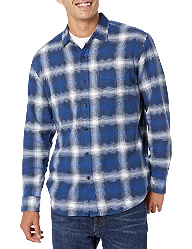 Amazon Essentials Men's Long-Sleeve Flannel Shirt (Available in Big & Tall), Blue White Large Plaid, Large