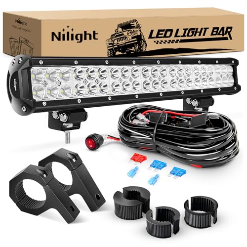 Nilight 20 Inch 126W Spot Flood Combo LED Light Bars Off-Road Light Mounting Bracket Horizontal Bar Tube Clamp with Off Road Wiring Harness, 2 Years Warranty, White