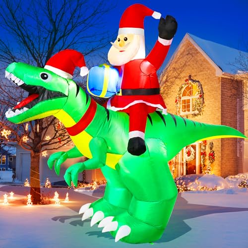 zukakii 9x7FT Christmas Inflatables Decorations with LED Santa Ride on Dinosaur Outdoor Christmas Dinosaur Inflatable Christmas Blow Up Yard Decorations with Sandbags Stakes Strings for Garden Decor