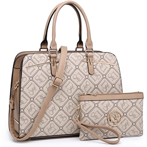 Dasein Women Satchel Handbags Shoulder Purses Totes Top Handle Work Bags with 3 Compartments (DS Monogrammed Beige)