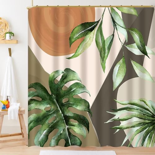 Boho Tropical Shower Curtain Sage Green Botanical Shower Curtain Mid Century Abstract Sun Palm Leaf Shower Curtain Boho Art Decor Shower Curtain with 12 Hooks，72''X72''