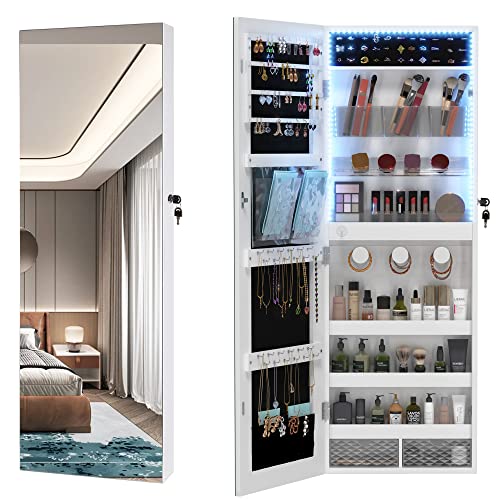 LVSOMT Hanging/Over the Door Mirror Jewelry Cabinet with LED Lights, Lockable Jewelry Armoire Organizer, Mirror with Jewelry Storage, White