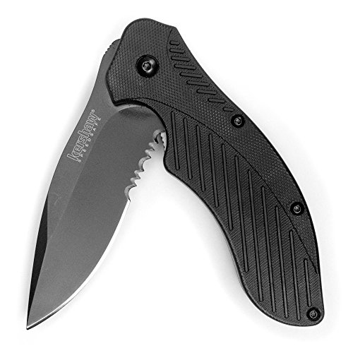 Kershaw Clash Black Serrated Pocketknife, 3' 8Cr13MoV Steel Drop Point Blade, Assisted One-Handed Flipper Opening, Folding Utility EDC