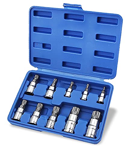 XtremepowerUS 10-Pieces XZN Tampered Triple Square Spline Bit Socket 1/4' 3/8' Drive 12 Points Tampered with Carrying Case