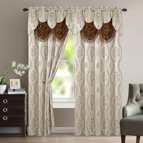 Elegant Comfort Luxurious Beautiful Curtain Panel Set with Attached Valance and Backing 54' X 84 inch (Set of 2), Beige