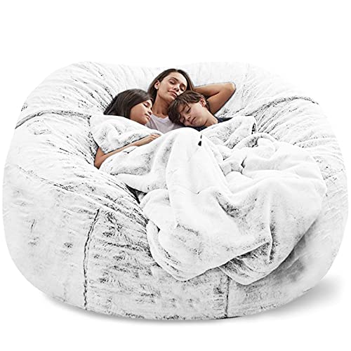 Giant Fur Bean Bag Chair Cover for Kids Adults, (No Filler) Living Room Furniture Big Round Soft Fluffy Faux Fur Beanbag Lazy Sofa Bed Cover(Snow Black, 7FT)