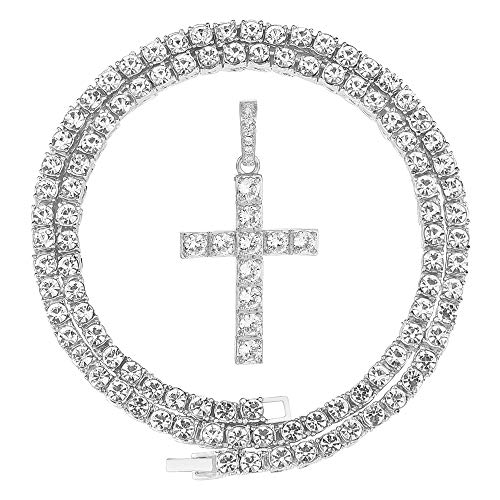 HH BLING EMPIRE Gold/Silver Diamond Cross Pendant Necklace for Men Women-Iced Out Chains with Cross Necklace 24 Inch (Cross A-Silver, & Tennis Chain)