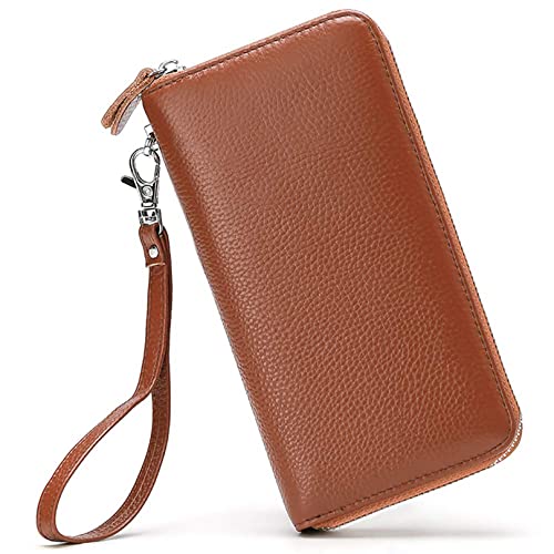 Moflycom Womens Wallet RFID Blocking Genuine Leather Zip Around Wallet Clutch Wristlet Travel Long Purse for Women Brown