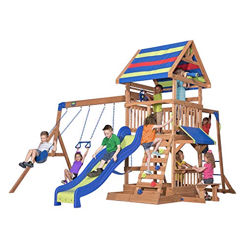 Backyard Discovery Beach Front All Cedar Wooden Swing Set with Monkey Bars, Large Upper Deck with Canopy, Ships Wheel, Play Telescope, Sandbox, Snack Bench, Rock Wall