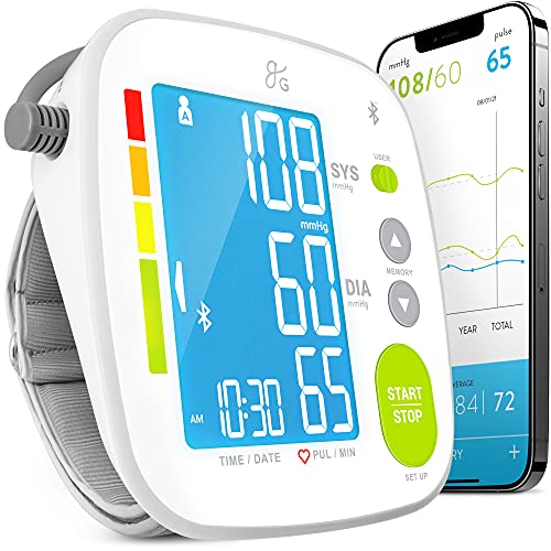 Greater Goods Bluetooth Blood Pressure Monitor with Upper Arm Cuff, BP Meter with Large Display, Tubing and Device Bag Included