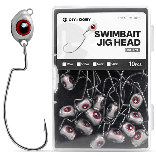 OJY&DOIIIY Fish Eye Swimbait Jig Heads, 10 Pack Weighted Hooks for Texas Rig or Ned Rig Fishing 1/8 3/16 1/4 3/8 oz Assorted