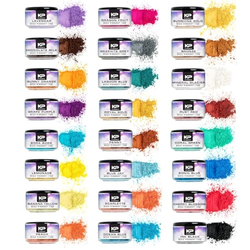 KP Pigments Pearlescent 100% Pure Fine Mica Powder - 24 Color Assortment 10 Grams Each Naturally Pigmented Multipurpose DIY Arts and Crafts, Dye, Soap Making, Cosmetics, Epoxy Resin, Paint, and More!