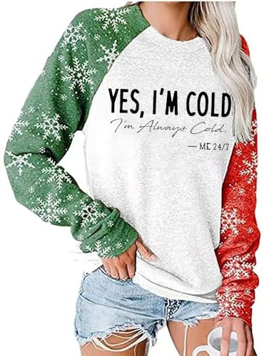 essential cocoon Womens I'm Yes Cold Me 24:7 Sweatshirt Funny Christmas Letters Long Sleeve Pullover Casual Xmas Holiday Pullover Top(L,Light Grey-14)