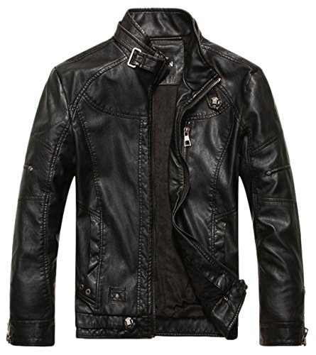 chouyatou Men's Vintage Stand Collar Pu Leather Jacket (Medium, Black)