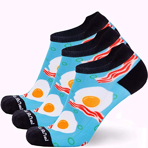 Pure Athlete Running Socks – Best Athletic No Show for Men and Women - Low-Show Light Cushion (Small/Medium, 3 Pairs - Bacon and Eggs/Aqua)