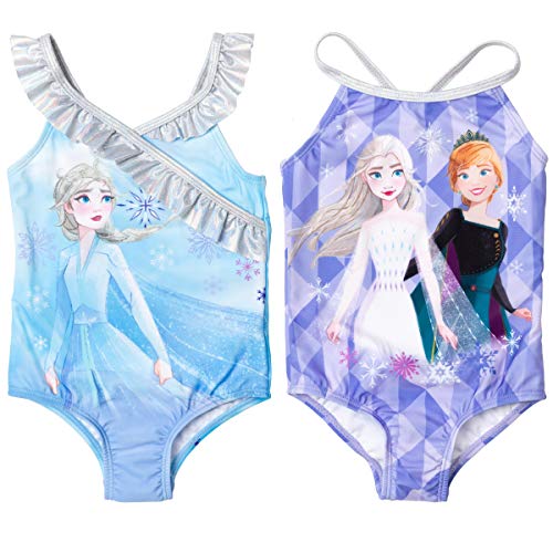 Disney Princess Anna Elsa Frozen Toddler Girls Swimwear 2 Pack Crossover One Piece Bathing Suits, 4T, Blue/Purple
