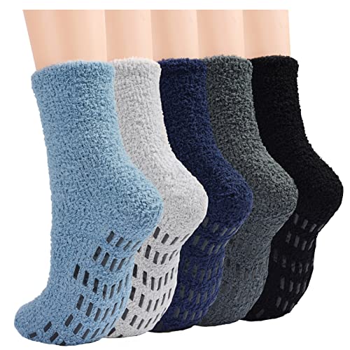 Toes Home Fuzzy Socks Men with Grippers, Winter Fluffy Slipper Socks Mens Cozy Warm Non Slip Plush Sleep Footies 5 Pairs