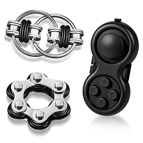 3 Pieces Handheld Mini Fidget Toy Set Includes Six Roller Chain and Key Flippy Chain Bike Chain Fidget Handheld Fidget Pad Stress Relief Toys Set for Adults Teens Relieve Stress (Black)