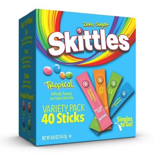 Skittles Singles To Go Tropical Flavors Variety Pack, Powdered Drink Mix, Includes 4 Flavors, Strawberry Starfruit, Mango Tangelo, Kiwi Lime, Pineapple Passionfruit, 40 Count