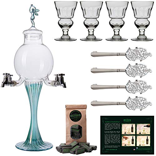 ALANDIA Absinthe Accessory Set Green Fairy | 1x Absinthe Fountain | 4x Absinthe Glasses | 4x Absinthe Spoons | 1x Absinthe Sugar Cubes