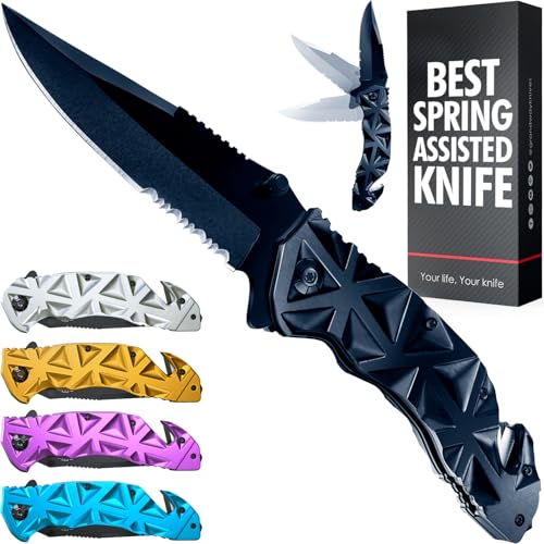 GOOD WORKER Black Pocket Knife - Serrated Sharp 3.5' Blade - Spring Assisted Tactical Knife Set with Wire Cutter Glass Breaker - Cool Folding Knives for Camping - Gifts for Men HB 207