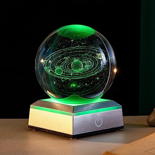 ERWEI 3D Solar System Crystal Ball with Laser Engraved Planets and LED Light Base - Science Astronomy Educational Space Gift for Kids