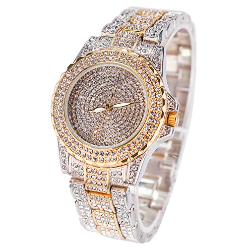 Smalody Round Luxury Women Watch Crystal Rhinestone Diamond Watches Stainless Steel Wristwatch Iced Out Watch with Japan Quartz Movement for Women | Simulated Lab Diamonds (Mix Gold)
