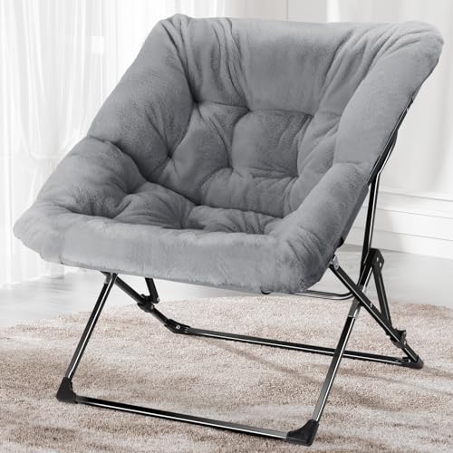 YaFiti Comfy Saucer Chair, Folding Faux Fur Lounge Chair for Adults Teens Kids, Soft Lazy Flexible Seating Chair Moon Chair with Metal Frame for Bedroom, Living Room, Dorm Rooms(Grey)
