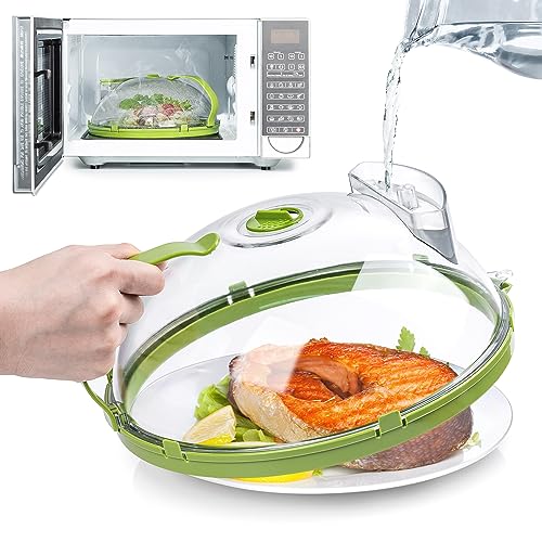 Gracenal Microwave Cover for Food, Clear Microwave Splatter Cover with Water Steamer and Handle, 10 Inch Plate Covers, Kitchen Gadgets and Accessories, House Essentials for Gifts, Green