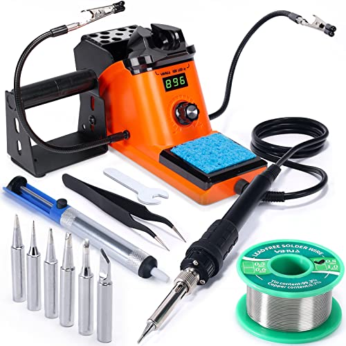 YIHUA 926 III 60W LED Display Soldering Iron Station Kit w 2 Helping Hands, 6 Extra Iron Tips, Roll of Lead-Free Solder, Solder Sucker, S/S Tweezers, °C/ºF Conversion, Auto Sleep & Calibration Support